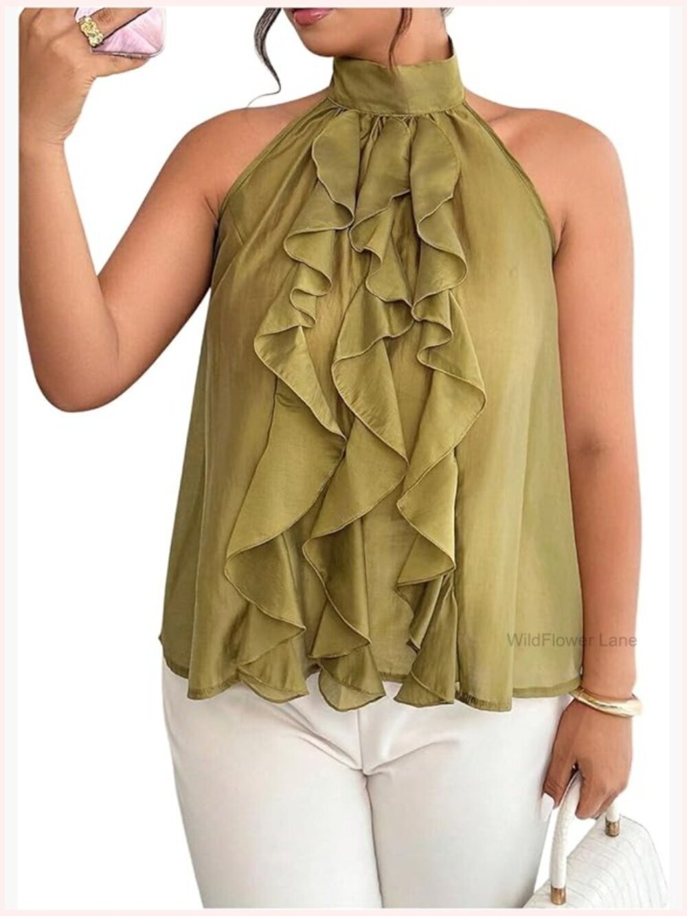 Plus Size Ruffle Halter Top Sleeveless Tie Back Blouse